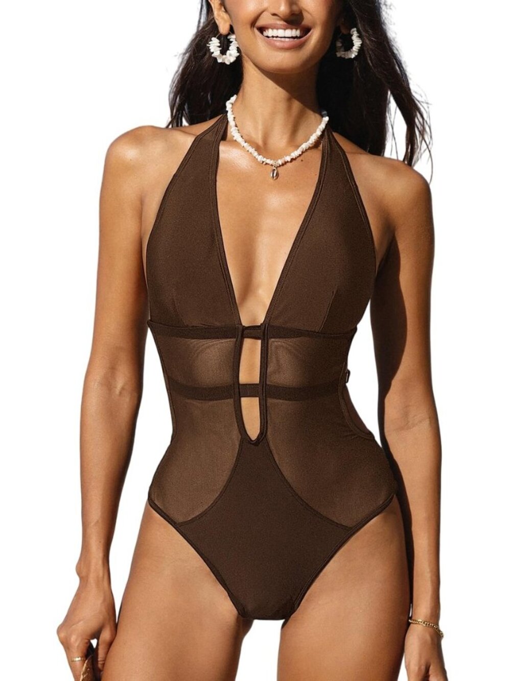 Women's Monokini One Piece Swimsuit Halter Deep V Mesh